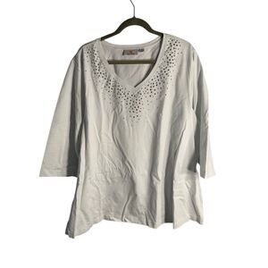 Quacker Factory Womens V Neck Embellished 3/4 Sleeve Cotton Tunic White 3X NWOT